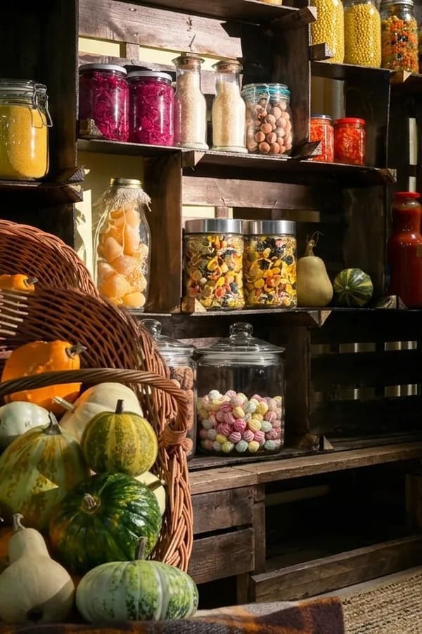 A pantry of preserving jars, a basket of squash and a drinks fridge.