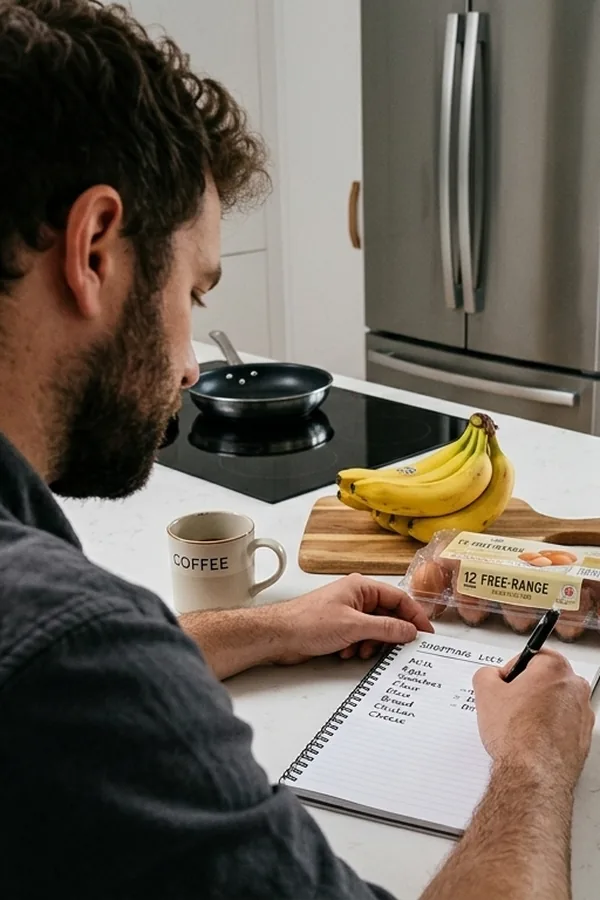A man writing a shopping list at the kitchen counter beside eggs, fruit and bread.