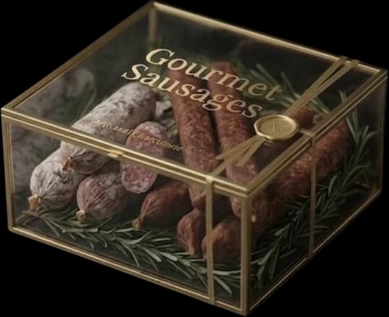 A box of gourmet sausages held in the scanner's frame.